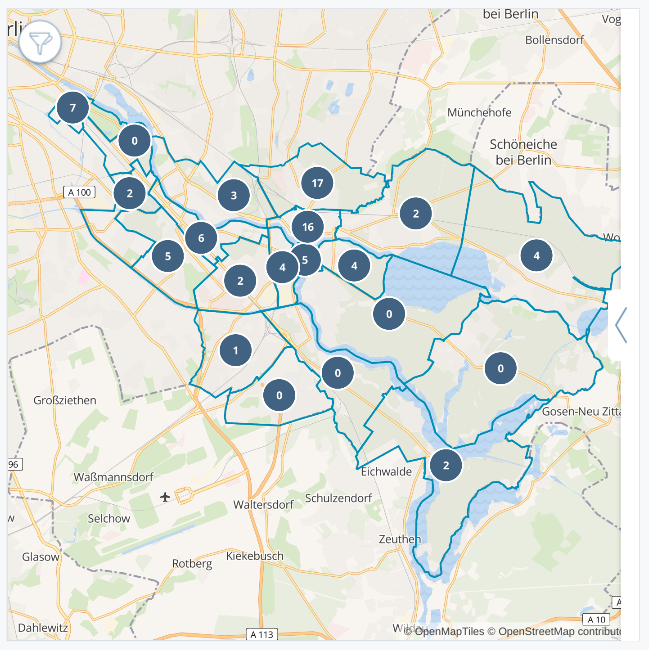 Bezirksansicht mit den blau umrandeten Ortsteilen von Treptow-Köpenick sowie den Zahlen, die die Anzahl der Vorfälle in diesen Ortsteilen angeben